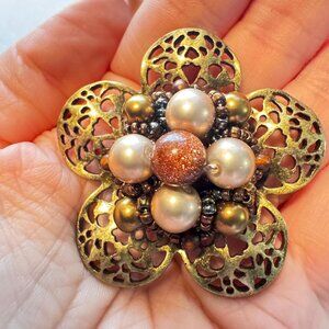 Flower Brooch Gold Tone Filigree Faux Pearl Beaded Pin Vintage Style